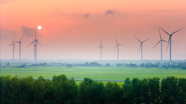 Türbin yeşil enerji elektriği, elektrik üretimi için yel değirmeni, Phan Rang, Ninh Thuan, Vietnam 'da pirinç tarlasında elektrik üreten rüzgar türbinleri. Temiz enerji kavramı.