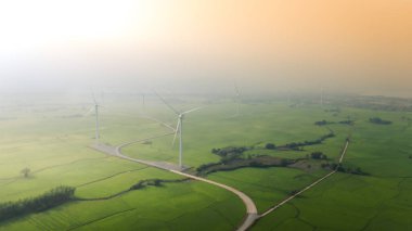 Türbin yeşil enerji elektriği, elektrik üretimi için yel değirmeni, Phan Rang, Ninh Thuan, Vietnam 'da pirinç tarlasında elektrik üreten rüzgar türbinleri. Temiz enerji kavramı.