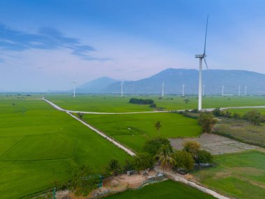 Türbin yeşil enerji elektriği, elektrik üretimi için yel değirmeni, Phan Rang, Ninh Thuan, Vietnam 'da pirinç tarlasında elektrik üreten rüzgar türbinleri. Temiz enerji kavramı.