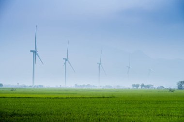 Türbin yeşil enerji elektriği, elektrik üretimi için yel değirmeni, Phan Rang, Ninh Thuan, Vietnam 'da pirinç tarlasında elektrik üreten rüzgar türbinleri. Temiz enerji kavramı.