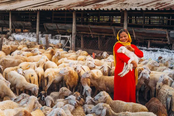 stock image Vietnamese woman with lamb on a countryside, a sheep farm in the steppe zone in Ninh Thuan Province, Vietnam. Travel concept.