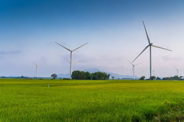 stock image view of turbine green energy electricity, windmill for electric power production, Wind turbines generating electricity on rice field at Phan Rang, Ninh Thuan province, Vietnam. Clean energy concept.