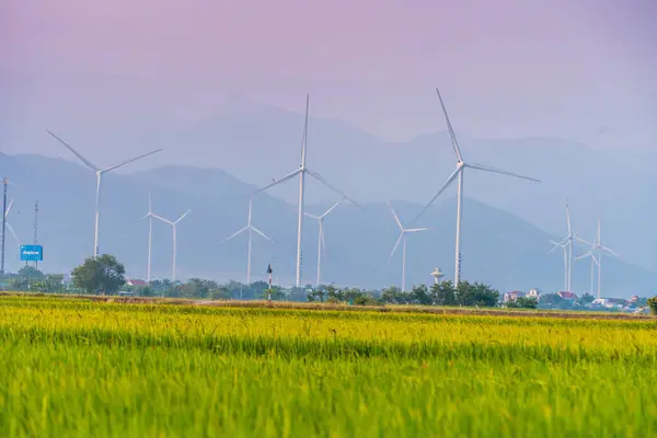 stock image view of turbine green energy electricity, windmill for electric power production, Wind turbines generating electricity on rice field at Phan Rang, Ninh Thuan province, Vietnam. Clean energy concept.