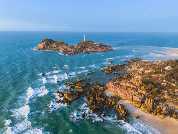 stock image Aerial view of Ke Ga beach at Mui Ne, Phan Thiet, Binh Thuan, Vietnam. Ke Ga Cape or lighthouse is the most favourite destination for visitors. Travel concept.