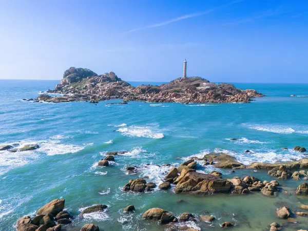 stock image Aerial view of Ke Ga beach at Mui Ne, Phan Thiet, Binh Thuan, Vietnam. Ke Ga Cape or lighthouse is the most favourite destination for visitors. Travel concept.