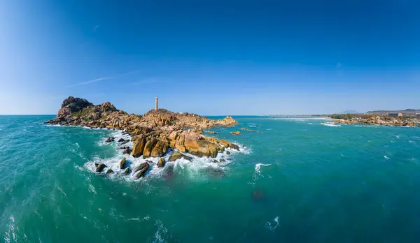 stock image Aerial view of Ke Ga beach at Mui Ne, Phan Thiet, Binh Thuan, Vietnam. Ke Ga Cape or lighthouse is the most favourite destination for visitors. Travel concept.