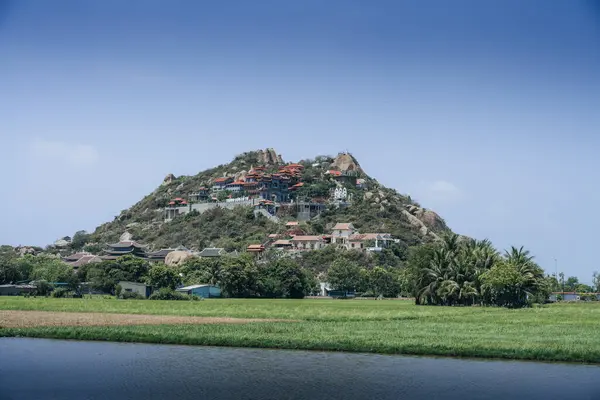 stock image View of biggest pagoda in Ninh Thuan province, Vietnam. Text in photo mean name of this pagoda Trung Son Co Tu. Travel and landscape concept.