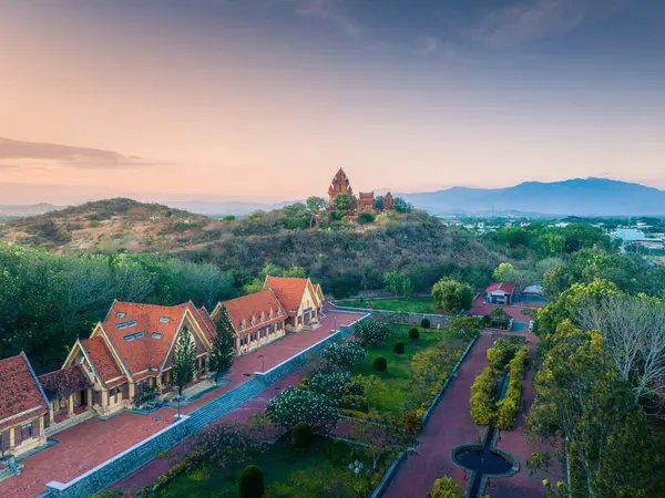 stock image Aerial view of Cham towers, Po Klong Garai, Ninh Thuan province, Vietnam. Travel and landscape concept