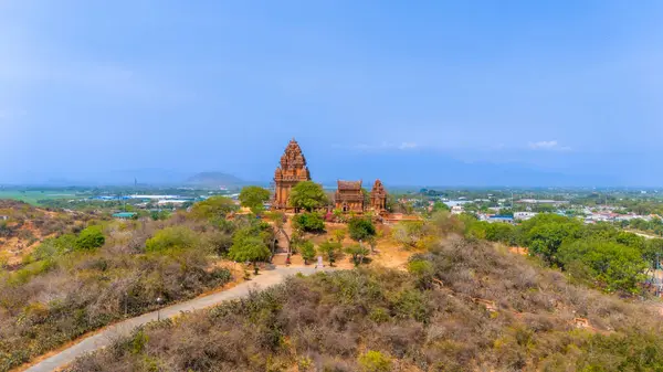 stock image Aerial view of Cham towers, Po Klong Garai, Ninh Thuan province, Vietnam. Travel and landscape concept