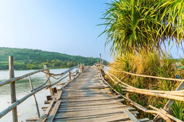 Ong Cop köprüsü ya da Vietnam 'ın Chi Thanh bölgesindeki en uzun tahta köprüsü, Phu Yen bölgesi, Vietnam. Seyahat ve manzara konsepti.