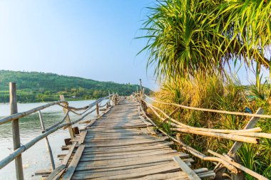 Ong Cop köprüsü ya da Vietnam 'ın Chi Thanh bölgesindeki en uzun tahta köprüsü, Phu Yen bölgesi, Vietnam. Seyahat ve manzara konsepti.