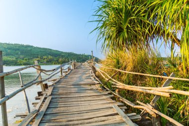 Ong Cop köprüsü ya da Vietnam 'ın Chi Thanh bölgesindeki en uzun tahta köprüsü, Phu Yen bölgesi, Vietnam. Seyahat ve manzara konsepti.