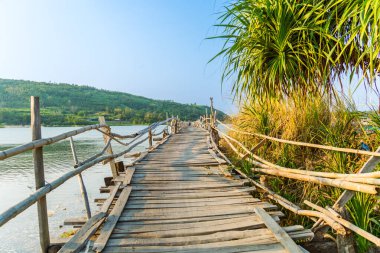 Ong Cop köprüsü ya da Vietnam 'ın Chi Thanh bölgesindeki en uzun tahta köprüsü, Phu Yen bölgesi, Vietnam. Seyahat ve manzara konsepti.