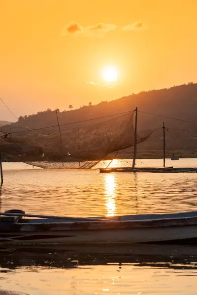 stock image View of fishing net on Phu Ngan near Ong Cop bridge or Tiger wooden bridge, Vietnam's longest wooden bridge in Phu Yen province, Vietnam. Travel and landscape concept.