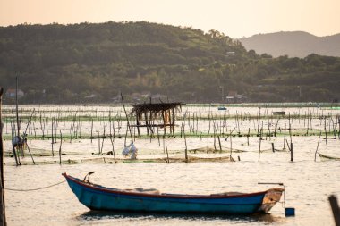 Günbatımında O Loan lagünbatımında Phu Yen, Vietnam 'da geleneksel tekneler. Seyahat ve manzara konsepti