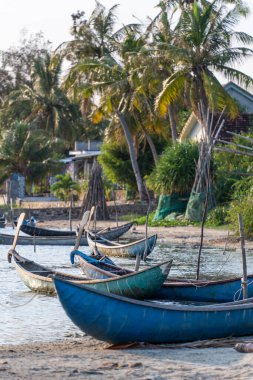 Günbatımında O Loan lagünbatımında Phu Yen, Vietnam 'da geleneksel tekneler. Seyahat ve manzara konsepti