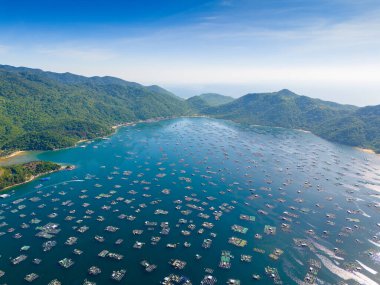 Istakoz besleme çiftliklerinin hava manzarası, Vung Ro körfezindeki yüzen balıkçı köyü, Phu Yen, Vietnam. Burası çok popüler bir turizm beldesi. Seyahat ve manzara konsepti