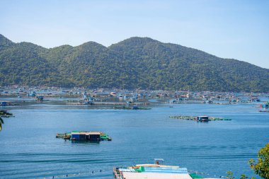 Istakoz besleme çiftliklerinin hava manzarası, Vung Ro körfezindeki yüzen balıkçı köyü, Phu Yen, Vietnam. Burası çok popüler bir turizm beldesi. Seyahat ve manzara konsepti