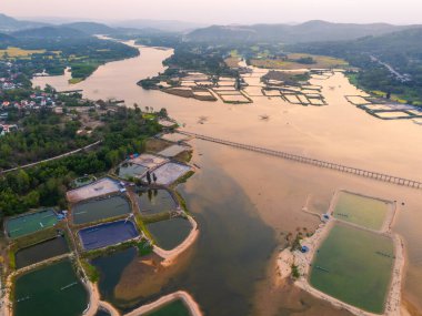 Ong Cop köprüsü ya da Vietnam 'ın Chi Thanh bölgesindeki en uzun tahta köprüsü, Phu Yen bölgesi, Vietnam. Seyahat ve manzara konsepti.