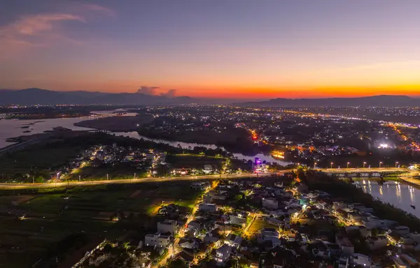 stock image Aerial view of Nhan temple, tower is an artistic architectural work of Champa people in Tuy Hoa city, Phu Yen province, Vietnam. Sunset view. Travel and landscape concept