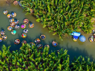 Hindistan cevizi köyü sepet tekne turunun havadan görüntüsü. Hoi 'deki Palms Ormanı. Eski bir kasaba, Cam Thanh, Vietnam. Turistler Thu Bon nehrinde gezip eğleniyorlar. Seyahat ve manzara konsepti