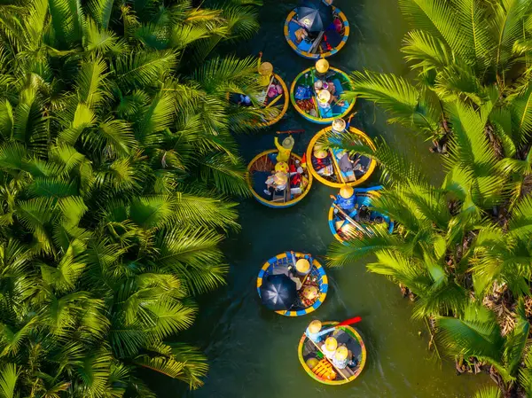 Hindistan cevizi köyü sepet tekne turunun havadan görüntüsü. Hoi 'deki Palms Ormanı. Eski bir kasaba, Cam Thanh, Vietnam. Turistler Thu Bon nehrinde gezip eğleniyorlar. Seyahat ve manzara konsepti