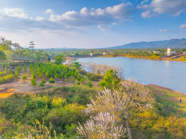 Bien Ho Che ya da Bien Ho çay sahalarının havadan görünüşü, Pleiku şehrinin dışında, Gia Lai, Vietnam. Doğa manzarası, dağ ve sisli uzak. Seyahat ve manzara konsepti.