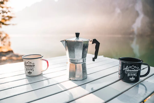 Compact Practical Coffee Setup Perfect Outdoor Adventures Quiet Moment While — Stock Photo, Image