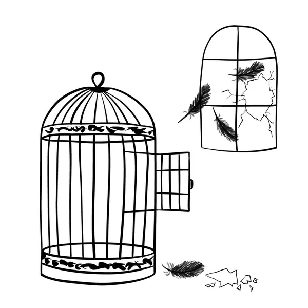 Hand drawn illustration of cage with open door feathers broken window. Freedom free concept, enslavement captivity. Black line ink sketch