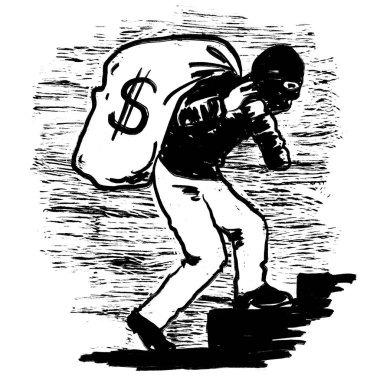 Erkek soyguncu para çuvallı soyguncu, soyguncu, banka soyguncusu, kar maskeli adam kaçağı. Siyah beyaz monokrom mürekkep çizimi, basit fırça darbeleriyle minimalist çizim.