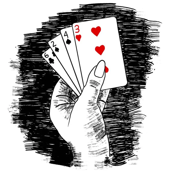 ポーカーをプレイカードを持つ女性の手 悪い低カードのブラフ ゲームを失う カードを保持 白のモノクローム インク スケッチ イラスト シンプルな筆致でミニマル ドローイング — ストック写真