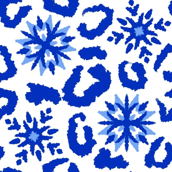Hand drawn seamless pattern of blue leopard cheetah snow snowflake christmas print. Wild animal skin fur background design, exotic spot fashion, graphic nature jaguar
