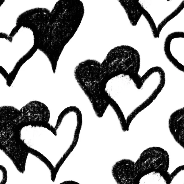 Ručně Kreslené Bezešvé Vzor Valentines Den Černé Bílé Srdce Láska — Stock fotografie