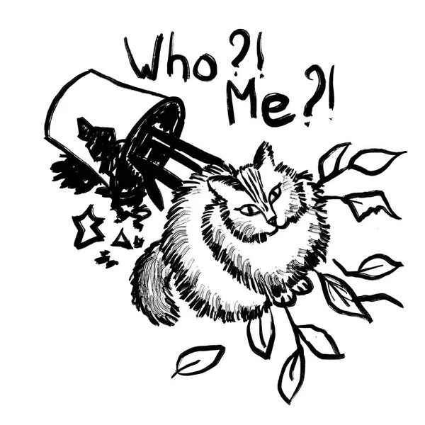 손으로 고양이 식물은 화분에 동물을 부러뜨리고 만화를 떨어뜨린다 스케치 일러스트 — 스톡 사진