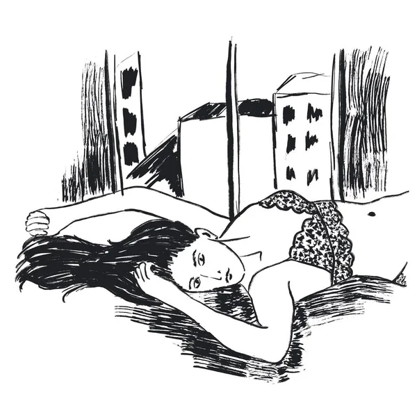 Ilustración Dibujada Mano Mujer Niña Sujetador Acostado Cama Cabello Sensual — Foto de Stock