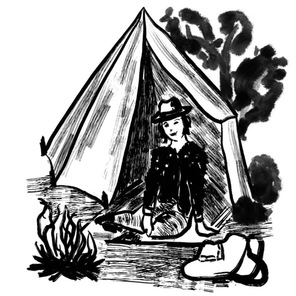 キャンプファイヤーバッグ木の風景とテントの中で女性キャンプの手描きイラスト屋外 白のモノクローム インク スケッチ イラスト シンプルな筆致でミニマル ドローイング — ストック写真