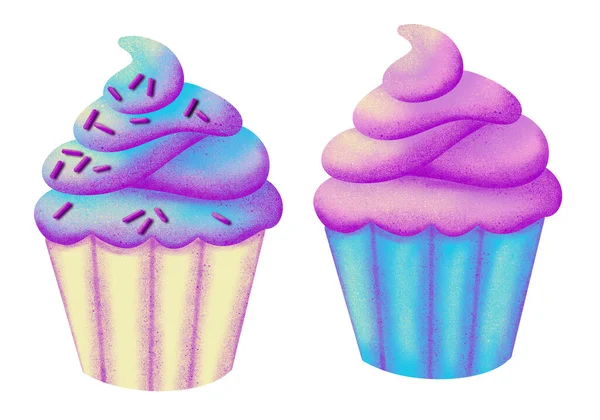 Hand Drawn Illustration Holographic Dreamy Desserts Sweet Tasty Candy Cupcake — Stock Photo, Image