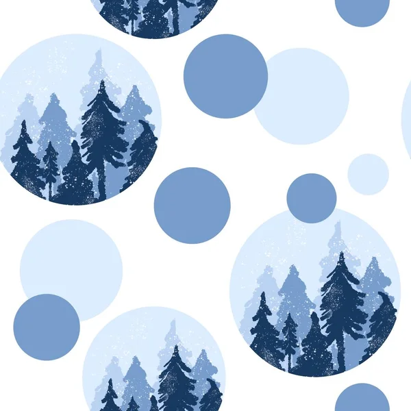 円の中に青い冬の山の森のシームレスなパターンを描いた 木の森の風景野生のキャンプハイキング観光 松モミ針葉樹の木の背景には 屋外の季節の雪の降雪 — ストック写真