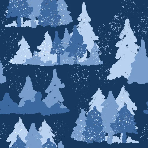 手の青い冬の山の森のシームレスなパターンを描いた 木の森の風景野生のキャンプハイキング観光 松モミ針葉樹の木の背景には 屋外の季節の雪の降雪 — ストック写真