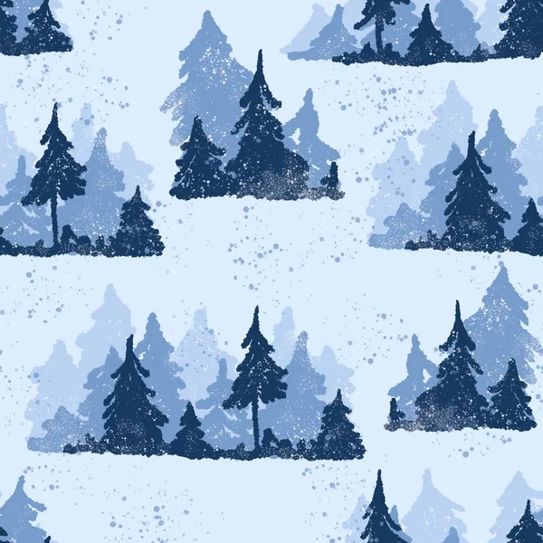 Hand Drawn Blue Winter Mountain Forest Seamless Pattern Wood Woodland — Stock Photo, Image