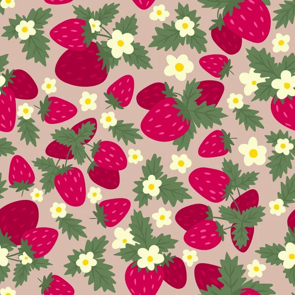 Χειροποίητο Σχέδιο Χωρίς Ραφή Κόκκινα Φύλλα Φράουλας Ουδέτερο Μπεζ Φόντο — Φωτογραφία Αρχείου