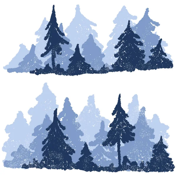 Illustration Dessinée Main Montagne Forêt Bleue Paysage Hivernal Sapins Pin — Photo
