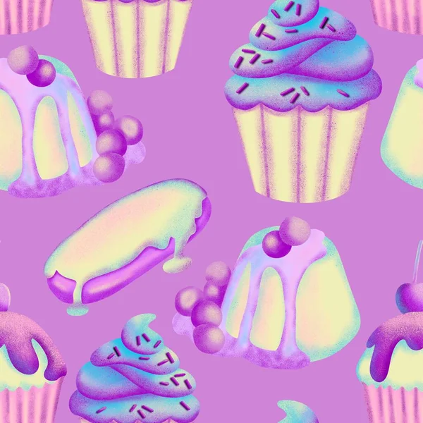 Ручной Рисунок Пастельным Голографическим Мечтательным Десертом Сладкая Еда Розовый Синий — стоковое фото