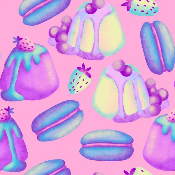 Handgezeichnete Nahtlose Muster Mit Pastellfarbenen Holographischen Verträumten Dessertsüßen Rosa Blau — Stockfoto