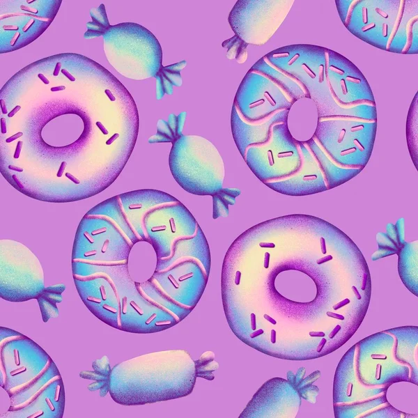 Handgezeichnete Nahtlose Muster Mit Donut Gebäck Bäckerei Backwaren Pastell Blau — Stockfoto