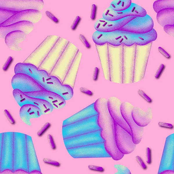 カップケーキベーカリーベーキング食品と手描きのシームレスなパターン パステルブルーピンクパープル甘いおいしいキャンディー夢のようなデザートデザイン トレンディーなホログラフィックな誕生日パーティーの背景 — ストック写真