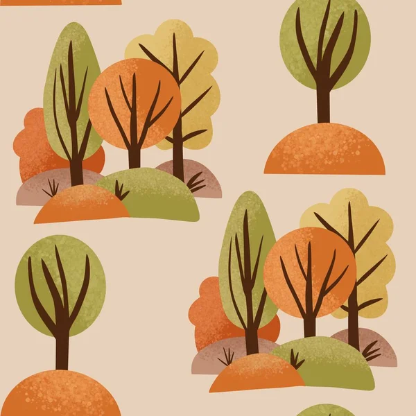 手工画出秋天林木的无缝花纹 橙黄林地景观草丛分枝 野营室外公园活动背景 生态环境 — 图库照片