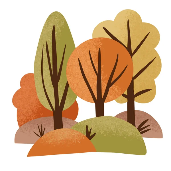 Sonbahar Ormanı Ağaçlarının Çizimi Turuncu Sarı Orman Manzarası Çim Dalları — Stok fotoğraf