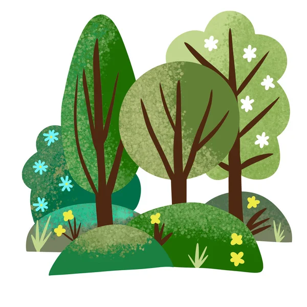 Yaz Mevsiminin Çizimi Çiçekli Orman Ağaçları Yeşil Doğa Manzarası Çim — Stok fotoğraf