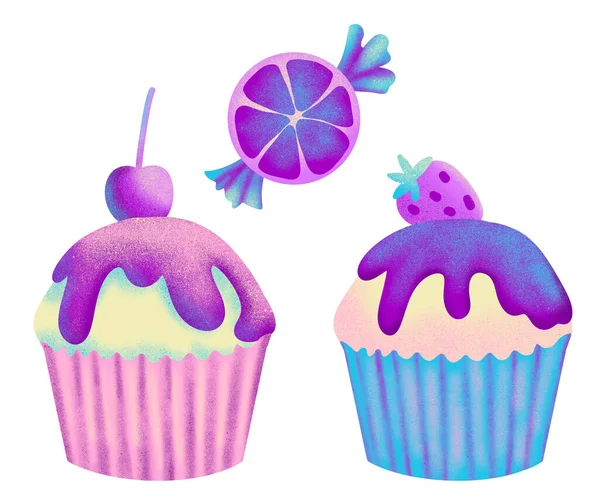 パステル甘いデザート菓子のカップケーキの手描きイラスト パープルピンクホログラフィック夢のようなおいしいパーティーフード 明るいトレンディーなベーキングベーカリーレシピデザイン — ストック写真